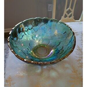Indiana Carnival Glass Madeira Round Raised Fruit/Punch Bowl Iridescent Teal VTG